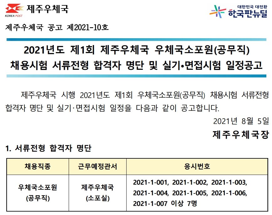 2021년도 제1회 제주우체국 우체국소포원 채용시험 실기 및 면접시험 공고(2021-10호)_게시용.jpg