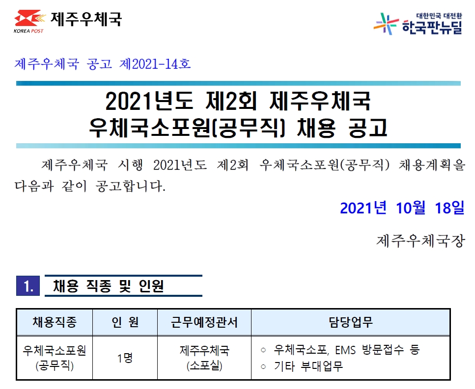 2021년도 제2회 제주우체국 우체국소포원 채용 공고(제2021-14호).jpg