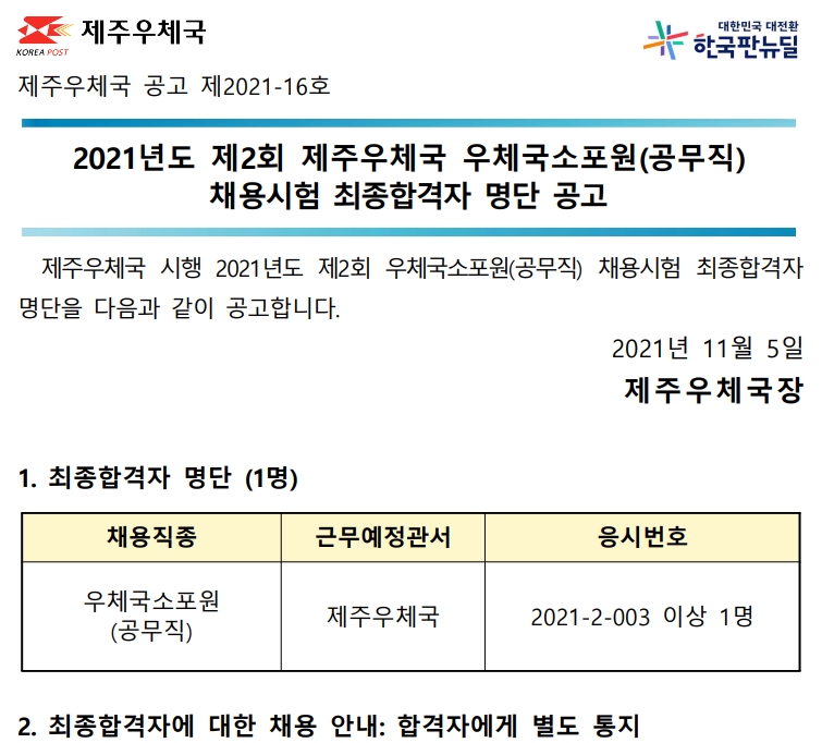 2021년 제2회 우체국소포원(공무직) 채용시험 최종합격자 공고(2021-16호).jpg