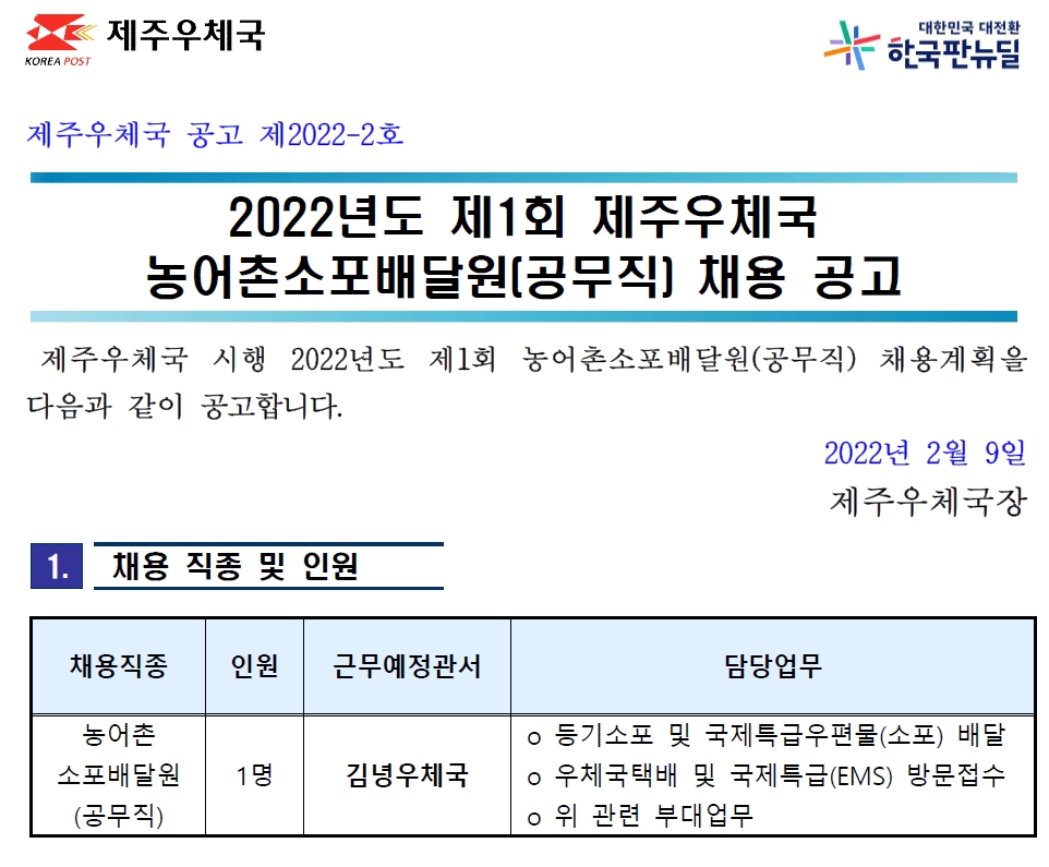 2022년도 제1회 제주우체국 농어촌소포배달원 채용 공고(2022-2호)_게시용.jpg