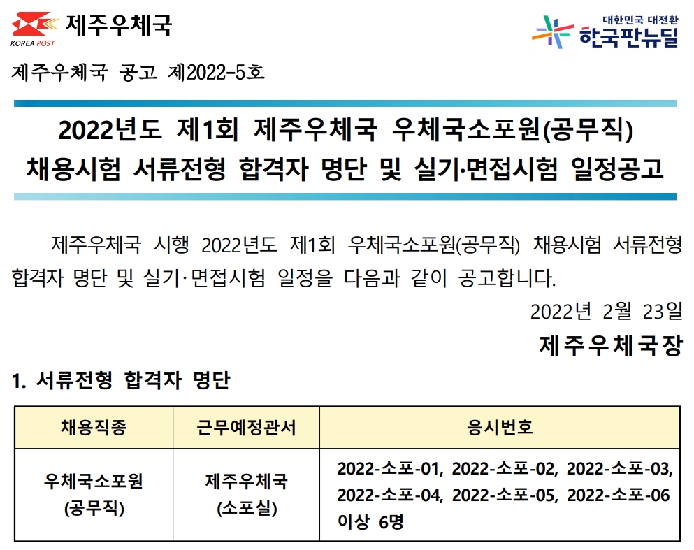 2022년도 제1회 제주우체국 우체국소포원(공무직) 채용시험 실기 및 면접시험 공고(2022-5호)