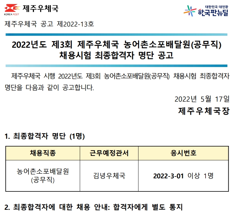 2022년 제3회 농어촌소포배달원(공무직) 채용시험 최종합격자 공고(2022-13호)