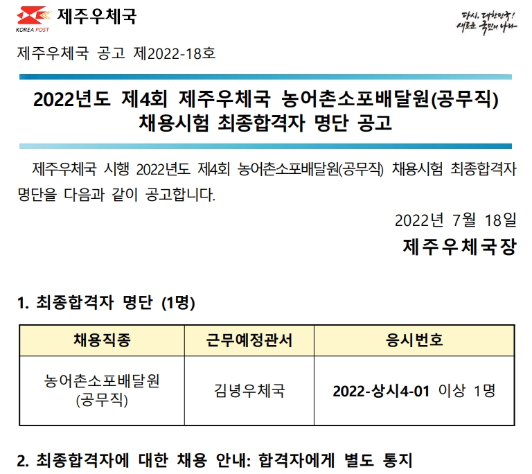 2022년 제4회 농어촌소포배달원(공무직) 채용시험 최종합격자 공고(2022-18호)