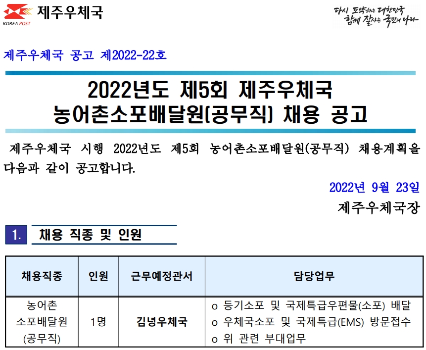 2022년도 제5회 제주우체국 농어촌소포배달원 채용 공고(2022-22호)