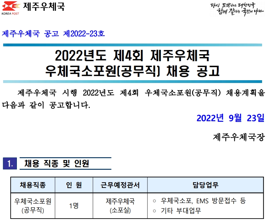 2022년도 제4회 제주우체국 우체국소포원 채용 공고(제2022-23호)