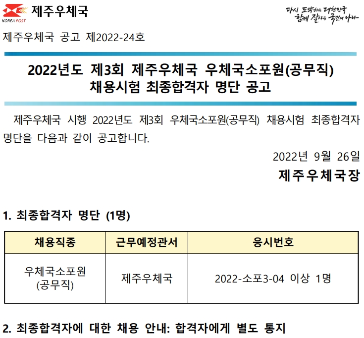 2022년 제3회 우체국소포원(공무직) 채용시험 최종합격자 공고(2022-24호)