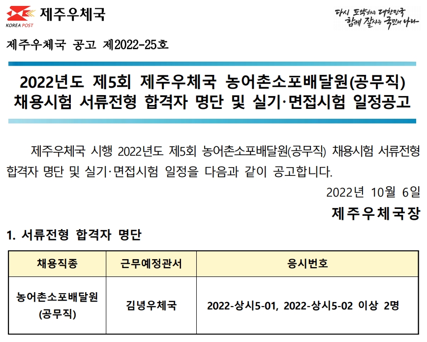 2022년도 제5회 제주우체국 농어촌소포배달원 채용시험 실기 및 면접시험 공고(2022-25호)