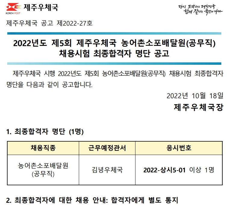 2022년 제5회 농어촌소포배달원(공무직) 채용시험 최종합격자 공고(2022-27호)