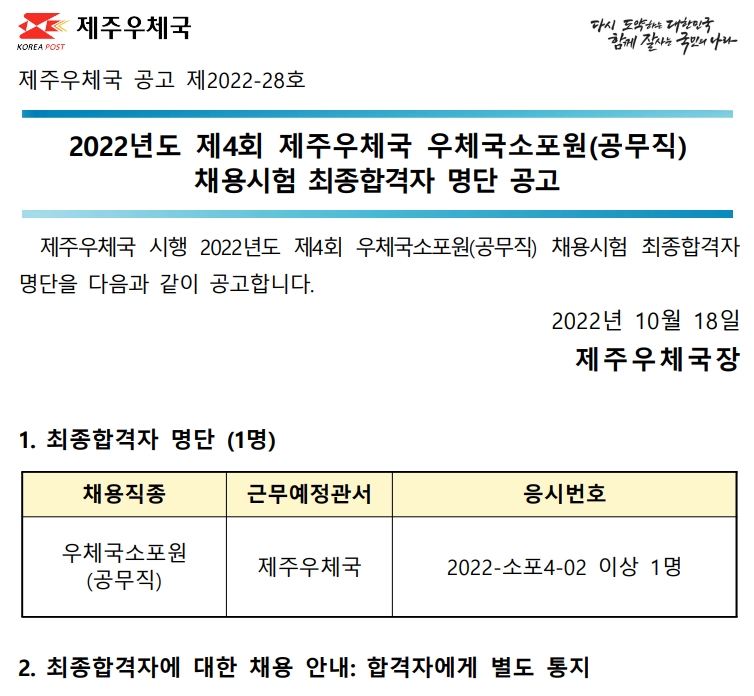 2022년 제4회 우체국소포원(공무직) 채용시험 최종합격자 공고(2022-28호)