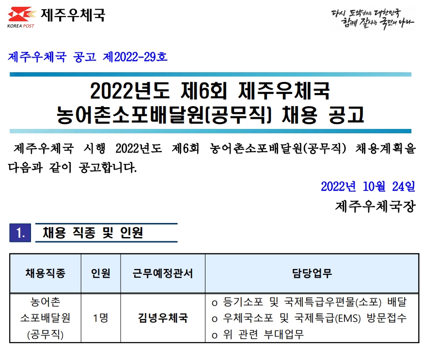 2022년도 제6회 제주우체국 농어촌소포배달원 채용 공고(제2022-29호)