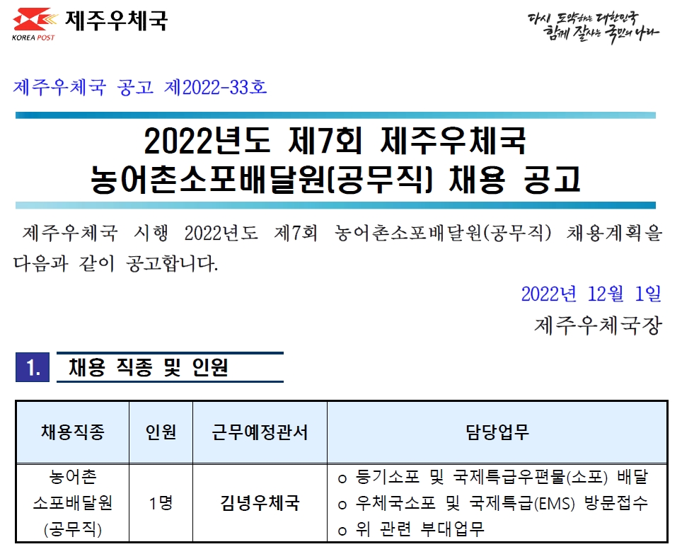 2022년도 제7회 제주우체국 농어촌소포배달원 채용 공고(제2022-33호)