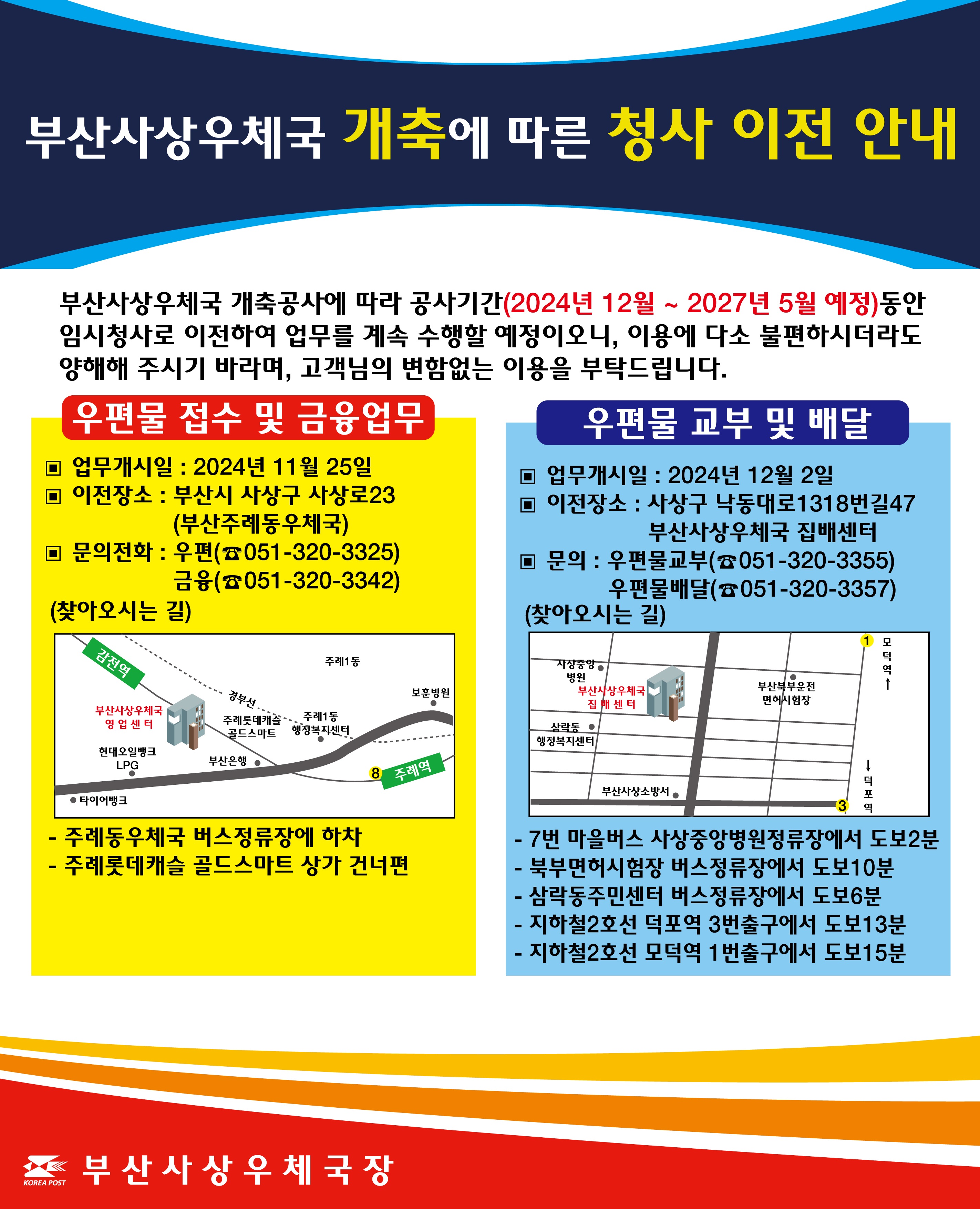 부산사상우체국 개축에 따른 청사 이전 안내
부산사상우체국 개축공사에 따라 공사기간(2024년 12월 ~ 2027년 5월 예정) 동안 임시청사로 이전하여 업무를 계속 수행할 예정이오니, 이용에 다소 불편하시더라도 양해해 주시기 바라며, 고객님의 변함없는 이용을 부탁드립니다.
우편물 접수 및 금융 업무
업무개시일: 2024년 11월 25일
이전장소: 부산시 사상구 사상로23(부산주례동우체국)
문의전화: 우편 051-320-3325, 금융 051-320-3342
찾아오시는길
- 주례동우체국 버스정류장에 하차
주례롯데캐슬 골드스카트 상가 건너편

우편물 교부 및 배달
업무개시일: 2024년 12월 1일
이전장소: 사상구 낙동대로1318번길47
부산사상우체국 집배센터
문의: 우편물교부 051-320-3355, 우편물배달 051-320-3357
찾아오시는 길
-7번 마을버스 사상중앙병원정류장에서 도보 2분
-북부면허시험장 버스정류장에서 도보10분
-삼락동 주민센터 버스정류장에서 도보6분
- 지하철2호선 덕포역 3번출구에서 도보13분
- 지하철2호선 모덕역 1번출구에서 도보15분
부산사상우체국장