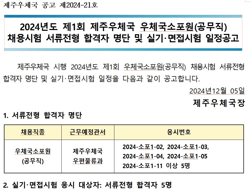 2024년 제1회 제주우체국 우체국소포원(공무직)채용시험 서류전형 합격자 명단 및 실기(면접)시험 일정을 다음과 같이 공고합니다.

