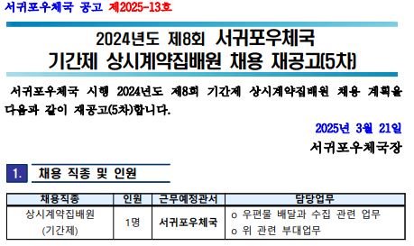 서귀포우체국 공고 제2025-13호
2024년도 제8회 서귀포우체국 기간제 상시계약집배원 채용 재공고(5차) 
서귀포우체국 시행 2024년도 제8회 기간제 상시계약집배원 채용 계획을 다음과 같이 재공고(5차)합니다.
2025년 3월 21일 서귀포우체국장
1. 채용 직종 및 인원
채용직종:상시계약집배원(기간제)
인원:1명
근무예정관서:서귀포우체국
담당업무: 우편물 배달과 수집 관련 업무/위 관련 부대업무

