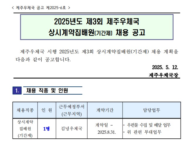 <제주우체국 공고 제2025-6호 />
2025년도 제3회 제주우체국 상시계약집배원 (기간제) 채용 공고
제주우체국 시행 2025년도 제3회 상시계약집배원(기간제) 채용 계획을 다음과 같이 공고합니다 .2025.5.12. 제주우체국장
채용직종: 상시계약 집배원(기간제)
인원1명
근무예정부서(근무지역) 김녕우체국
계약기간: 계약일~2025.8.31.
담당업무: 우편물 수집 및 배달업무, 위관련 부대업무
