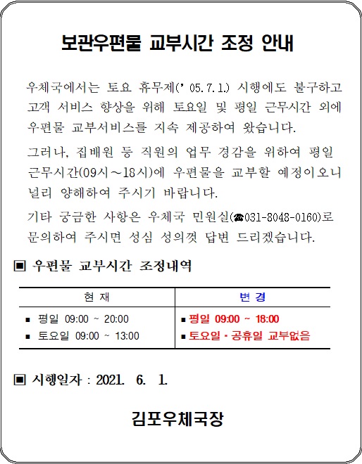 보관우편물 교부시간 조정 안내

우체국에서는 토요 휴무제('05.7.1) 시행에도 불구하고 고객 서비스 향상을 위해 토요일 및 평일 근무시간 외에 우편물 교부서비스를 지속 제공하여 왔습니다.

그러나, 집배원 등 직원의 업무 경감을 위하여 평일 근무시간(09시~18시)에 우편물을 교부할 예정이오니 널리 양해하여 주시기 바랍니다.

기타 궁금한 사항은 우체국 민원실(031-8048-0160)로 문의하여 주시면 성심 성의껏 답변 드리겠습니다.

우편물 교부시간 조정내역

현재 : 평일 09:00~20:00, 토요일 09:00~13:00

변경 : 평일 09:00~18:00, 토요일 공휴일 교부 없음

시행일자 : 2021. 6. 1.

김포우체국장
