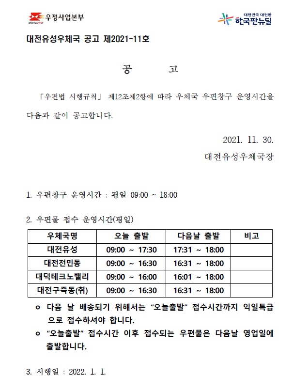 대전유성우체국 우편창구 운영시간을 다음과 같이 공고합니다 2021.11.30. 대전유성우체국장
다음날 배송되기 위해서는 "오늘출발" 접수시간까지 익일특급으로 접수하셔야 합니다
"오늘출발" 접수시간 이후 접수되는 우편물은 다음날 영업일에 출발합니다
시행일 2022.1.1. 