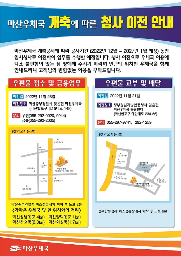 마산우체국 개축에 따른 청사 이전 안내문
 *우편물 접수 및 금융업무 
   - 이전일 : 2022.11.28
   - 이전장소 : 마산중부경찰서 맞은편 마산우체국(마산합포구 3.15대로 148)
 * 우편물 교부 및 배달
   - 이전일 : 2022.11.21
   - 이전장소 : 정부경남지방합동청사 맞은편 마산우체국물류센터(마산합포구 해안대로 234-56)