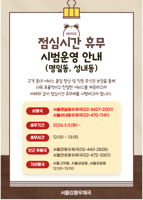 고객 응대 서비스 품질 향상 및 직원 휴식권 보장을 통해 더욱 효율적이고 친절한 서비스를 제공하고자
아래와 같이 점심시간 휴무제를 시행하고자 합니다.

시행국 - 서울명일동우체국(02-3427-2001). 서울성내동우체국(02-440-1141)
휴무기간 - 2026.3.3(화)~
휴무시간-12:00~13:00
인근우체국- 서울강동우체국(02-440-2828), 서울천호동우체국(02-472-3301)
기시행국 -서울고덕동, 서울상일동, 서울강일동 12:00~13:00
