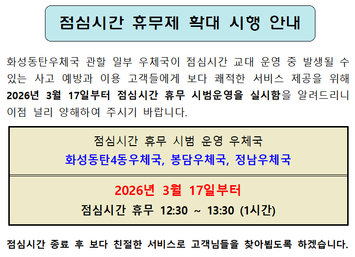 점심시간 휴무제 확대 시행 안내
화성동탄우체국 관할 일부 우체국이 점심시간 교대 운영 중 발생될 수 있는
사고 예방과 이용 고객들에게 보다 쾌적한 서비스 제공을 위해
2026년 3월 17일부터 점심시간 휴무 시범운영을 실시함을 알려드리니
이점 널리 양해하여 주시기 바랍니다.
점심시간 휴무 시범 운영 우체국 : 화성동탄4동우체국, 봉담우체국, 정남우체국
2026년 3월 17일부터 점심시간 휴무 12:30~13:30(1시간)
점심시간 종료 후 보다 친절한 서비스로 고객님들을 찾아뵙도록 하겠습니다.