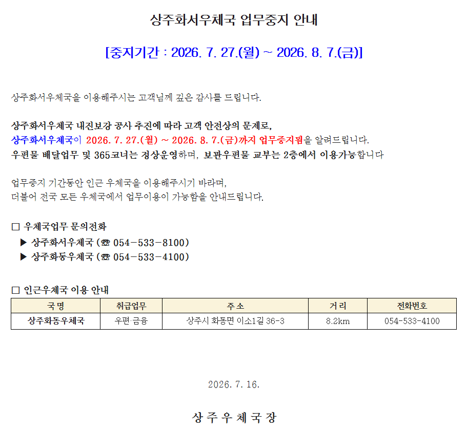 상주화서우체국 업무중지 안내
[중지기간 : 2026. 7. 27.(월) ~ 2026. 8. 7.(금)]

 상주화서우체국을 이용해주시는 고객님께 깊은 감사를 드립니다.

상주화서우체국 내진보강 공사 추진에 따라 고객 안전상의 문제로,
상주화서우체국이 2026. 7. 27.(월) ~ 2026. 8. 7.(금)까지 업무중지됨을 알려드립니다.
우편물 배달업무 및 365코너는 정상운영하며, 보관우편물 교부는 2층에서 이용가능합니다

업무중지 기간동안 인근 우체국을 이용해주시기 바라며,
더불어 전국 모든 우체국에서 업무이용이 가능함을 안내드립니다. 

□ 우체국업무 문의전화
   ▶ 상주화서우체국 (☏ 054-533-8100)
   ▶ 상주화동우체국 (☏ 054-533-4100)

□ 인근우체국 이용 안내

국 명: 상주화동우체국
취급업무: 우편&middot;금융
주 소: 상주시 화동면 이소1길 36-3
거 리: 8.2km
전화번호: 054-533-4100

2026. 7. 16.
상 주 우 체 국 장