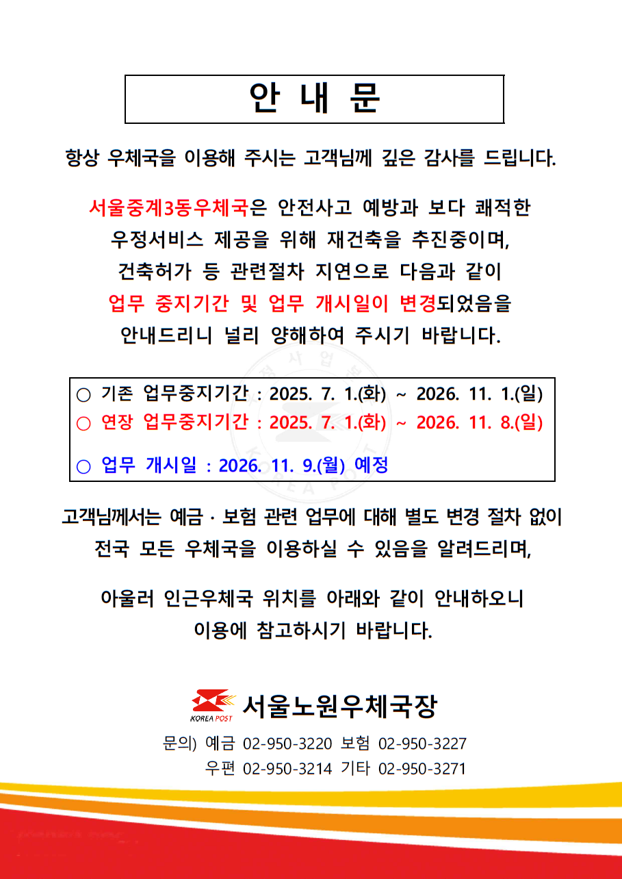안내문

항상 우체국을 이용해 주시는 고객님께 깊은 감사를 드립니다.
서울중계3동우체국은 안전사고 예방과 보다 쾌적한 우정써비스 제공을 위해 재건축을 추진중이며,
건축허가 등 관련절차 지연으로 다음과 같이 업무 중지기간 및 업무 개시일이 변경되었음을 안내드리니
널리 양해하여 주시기 바랍니다.

ㅇ 기존 업무중지기간: 2025. 7. 1.(화) ~ 2026. 11. 1.(일)
ㅇ 연장 업무중지기간: 2025. 7. 1.(화) ~ 2026. 11. 8.(일)

ㅇ 업무 개시일: 2026. 11. 9.(월) 예정

서울노원우체국장
문의) 예금 02-950-3220, 보험 02-950-3227, 우편 02-950-3214, 기타 02-950-3271